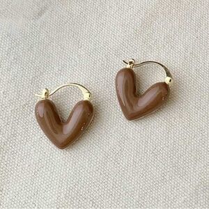 Brown and Gold Tone Heart Hoop Earrings (waterproof)